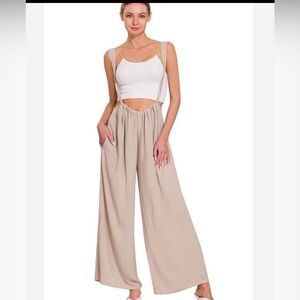 Zenana Woven Tie Back Suspender Jumpsuit NEW! Lg